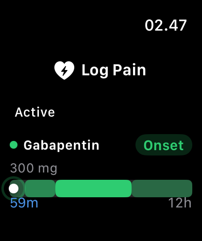 AndEase Apple Watch app showing pain logging and active medication progress with demo data
