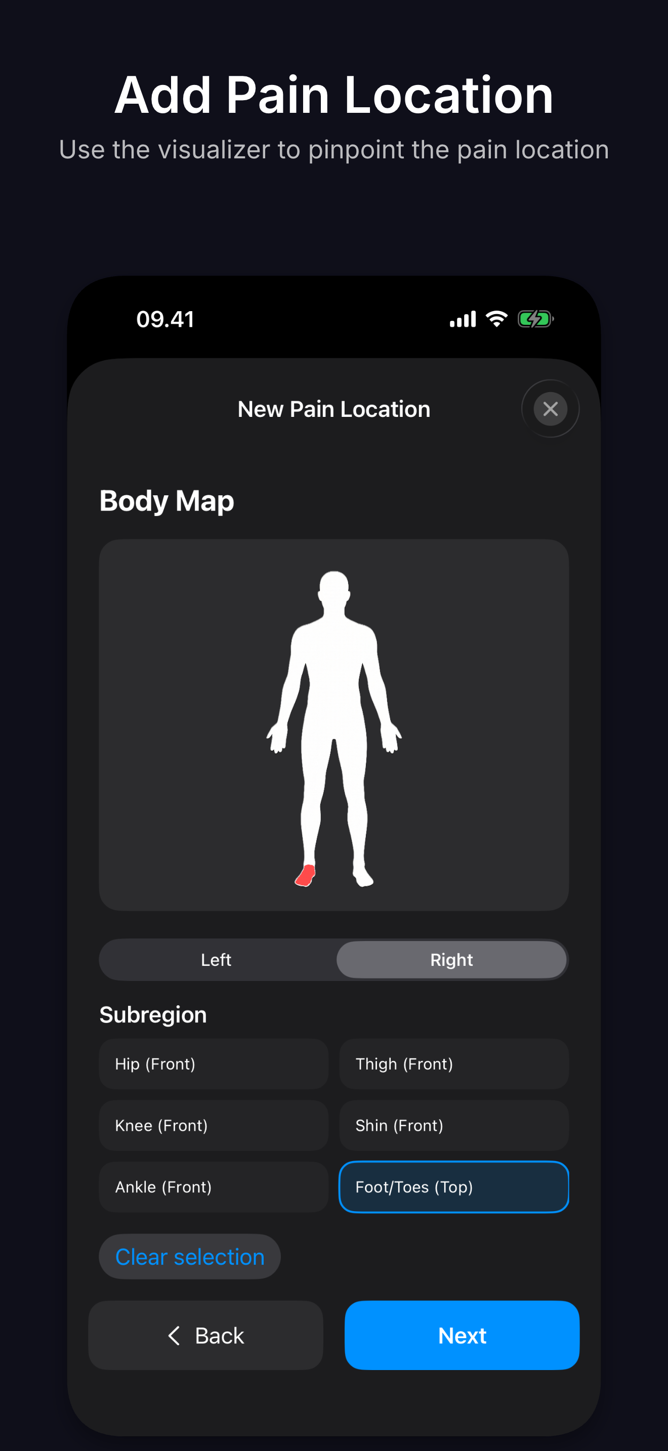 AndEase iPhone pain logging flow with body-map location selection using demo data