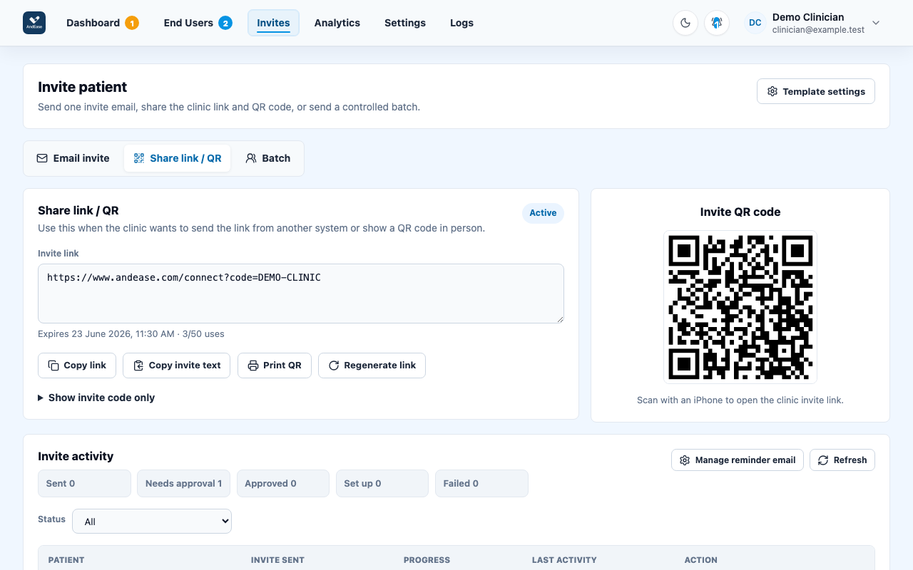 AndEase Provider Portal invite and patient connection flow with demo-safe data