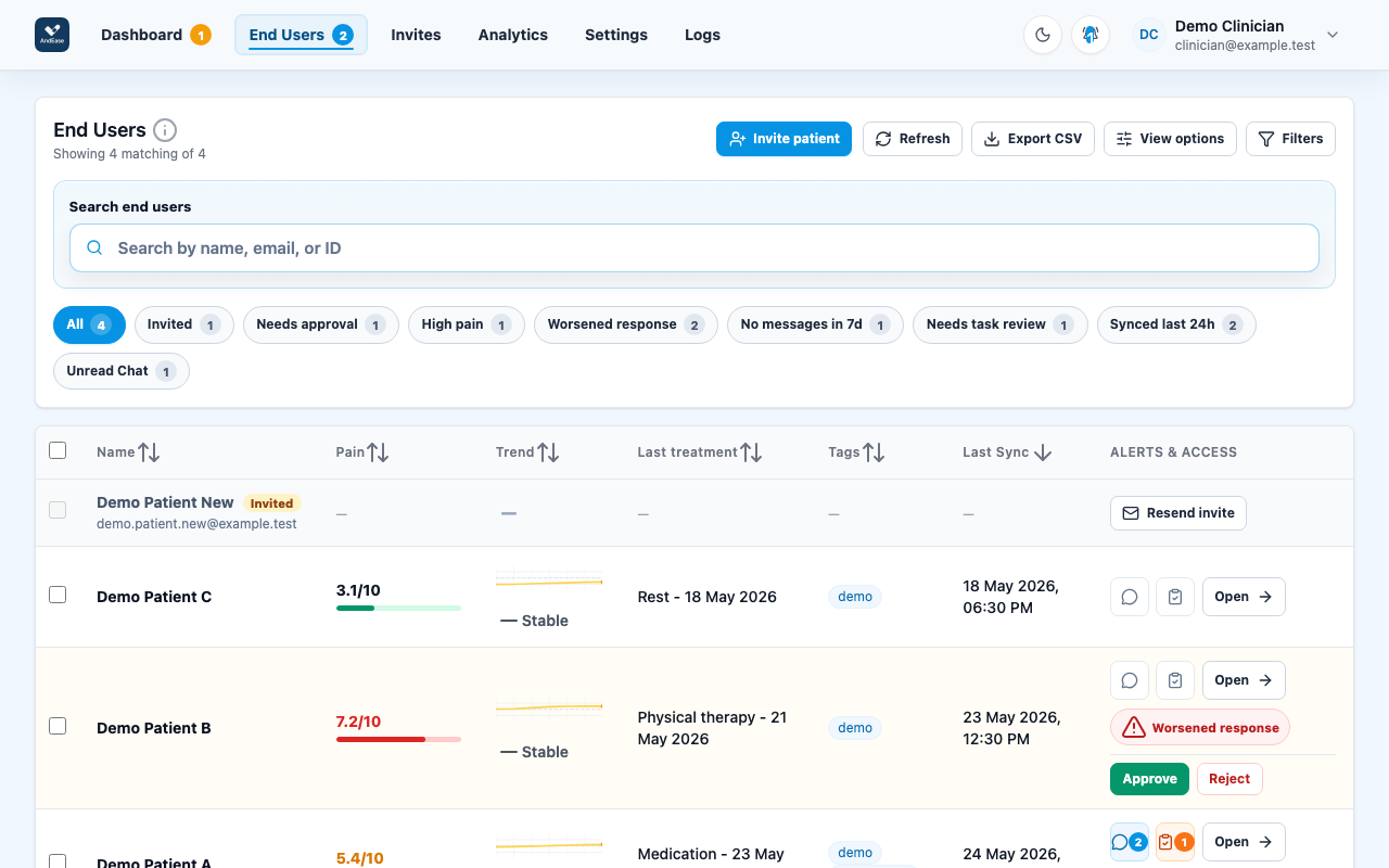 AndEase Provider Portal patient list using demo-safe patient records